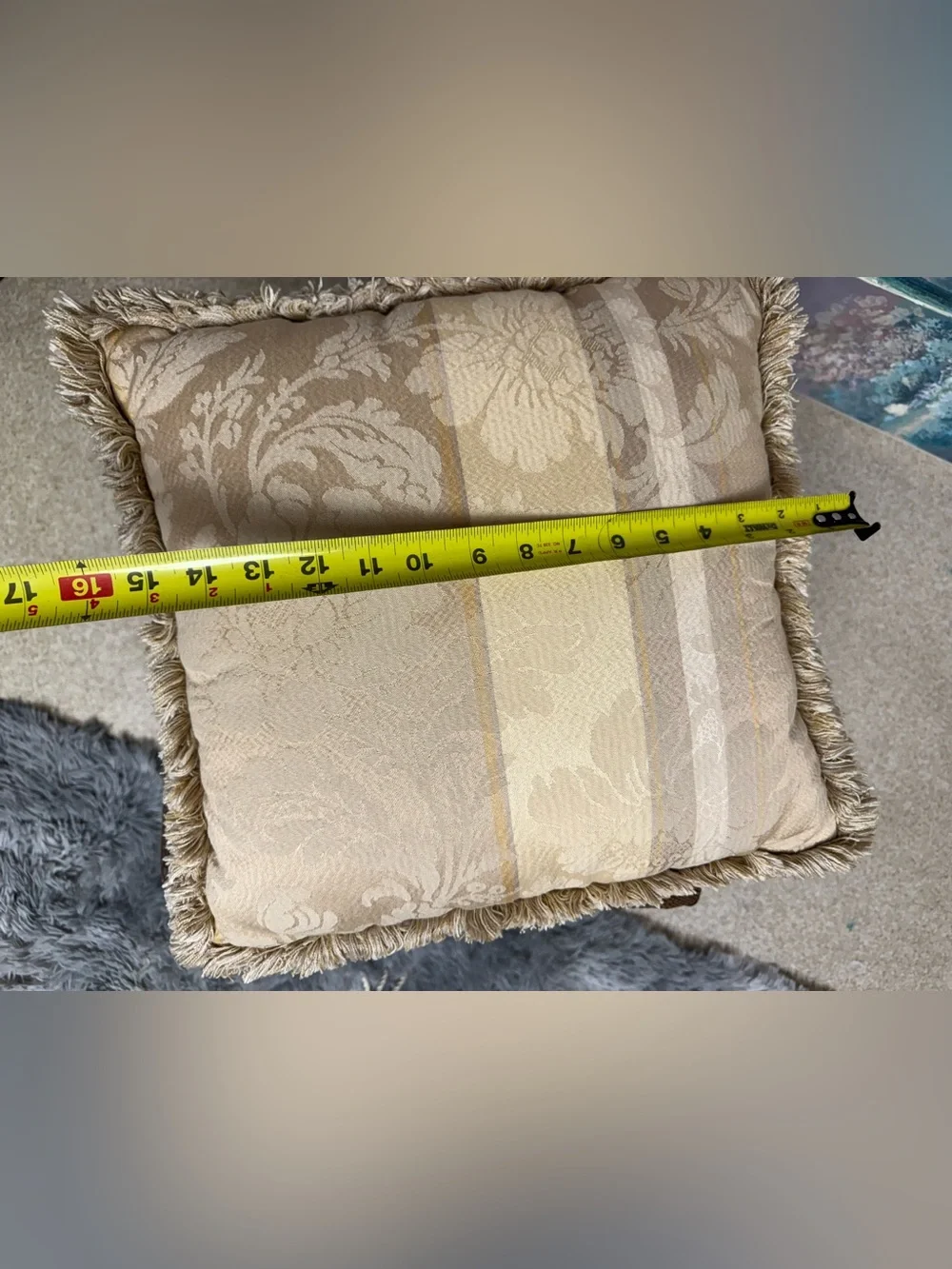 Elegant Ivory and Gold Damask Fringe Pillow